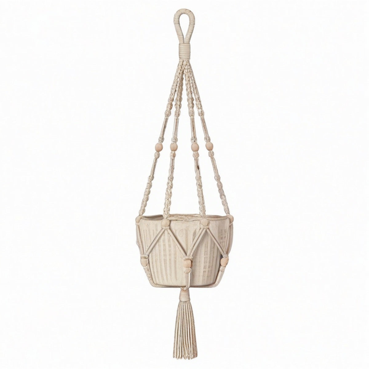 Pot de fleurs suspendu diamètre 18 cm en céramique beige avec suspension en coton style bohème