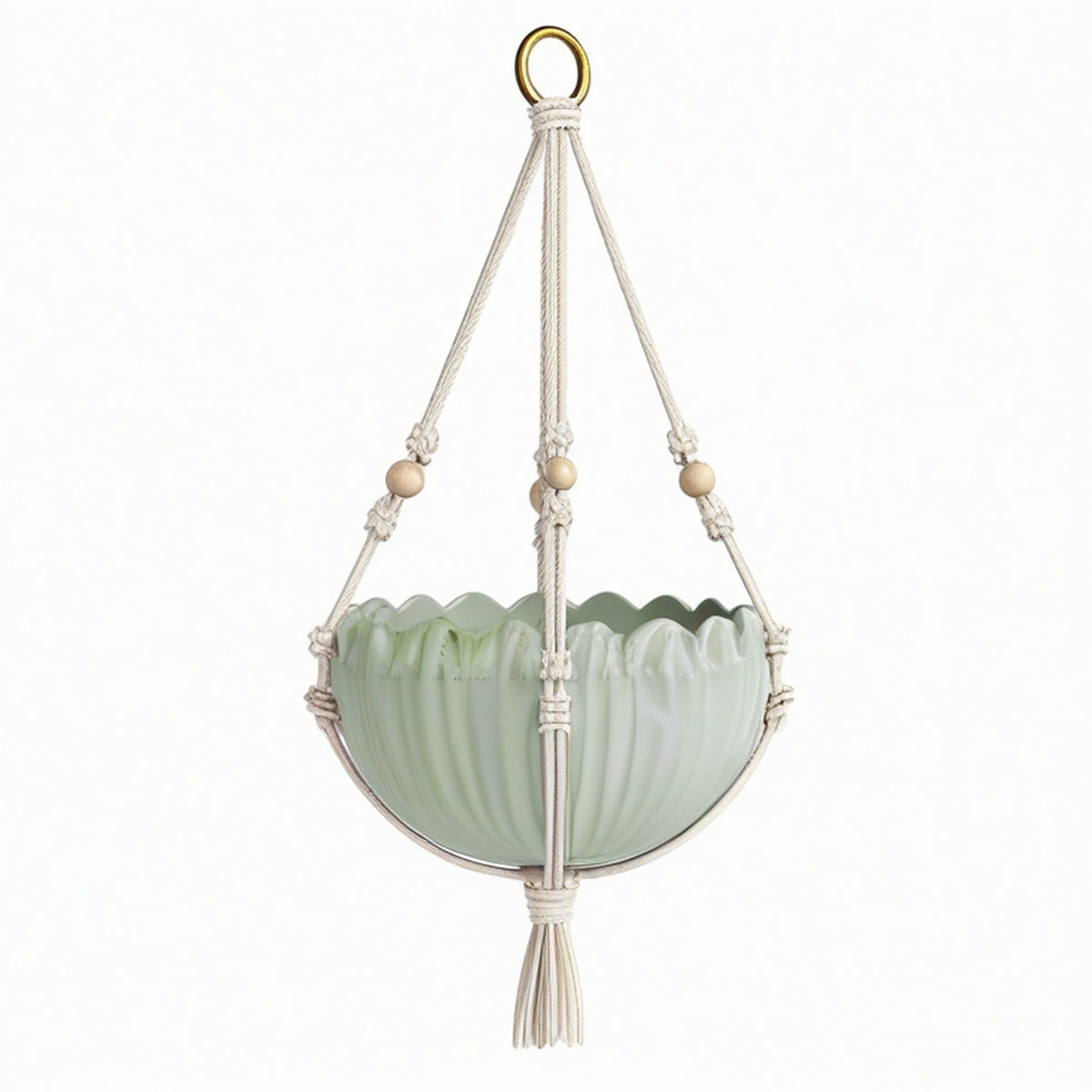 Pot de fleurs suspendu diamètre 20 cm en céramique vert clair avec cordage en coton style bohème pour intérieur