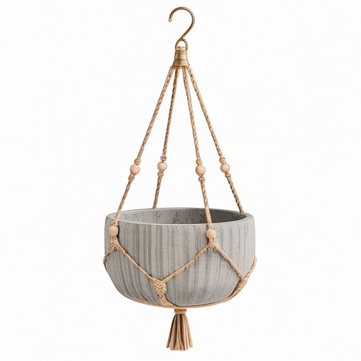 Pot de fleurs suspendu 25 cm en ciment gris avec corde tressée style bohème