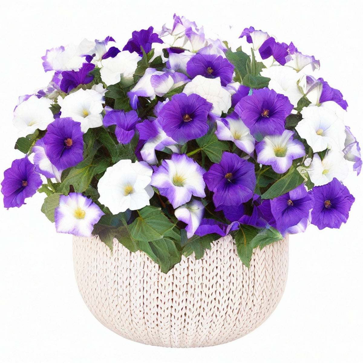 Plante artificielle en pot 35 cm pétunias violet blanc feuillage vert décoration intérieure