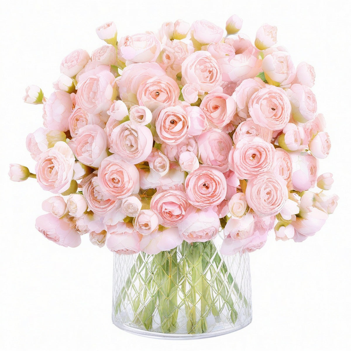Bouquet de fleurs artificielles 45 cm rose pâle en textile avec vase en verre décoratif