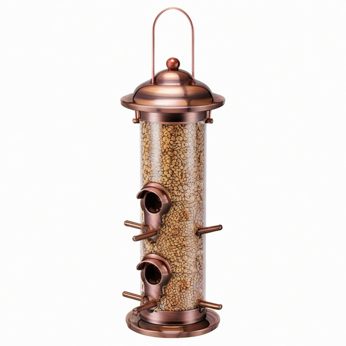 Mangeoire à oiseaux cylindrique 48 cm en métal cuivre suspendue à 4 perchoirs