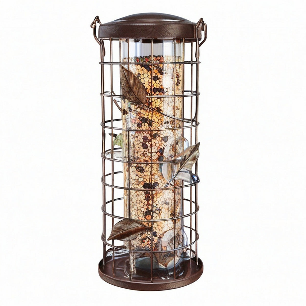 Mangeoire à oiseaux 17 x 40 cm en métal et plastique transparent marron suspendue décorative
