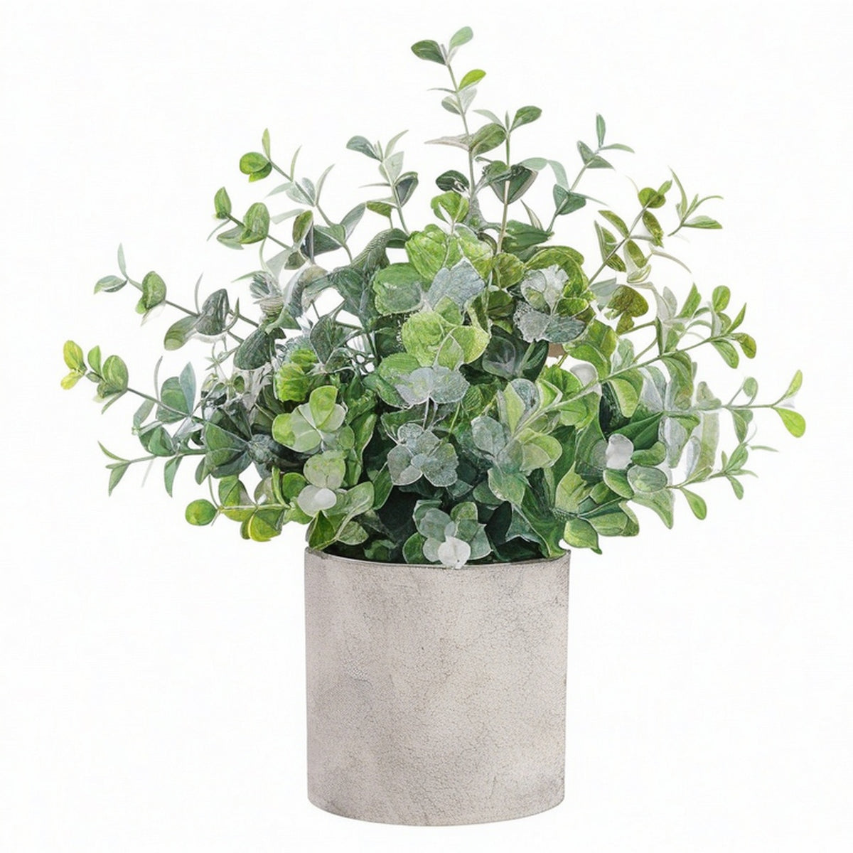 Plante verte artificielle eucalyptus 55 cm feuillage vert en plastique avec pot cylindrique effet ciment